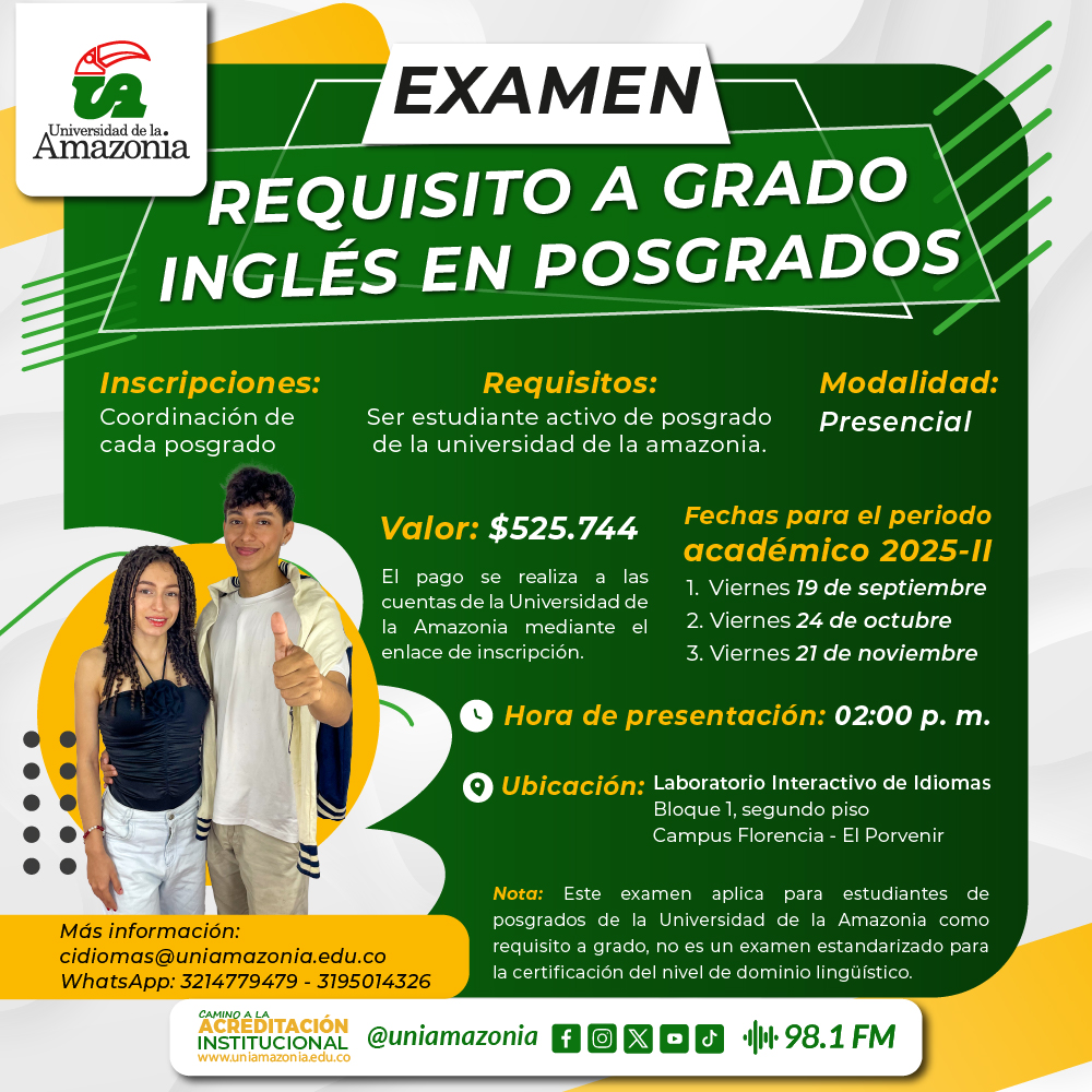 Fechas para presentar el Examen de Proficiencia de Inglés en posgrados, periodo académico 2025